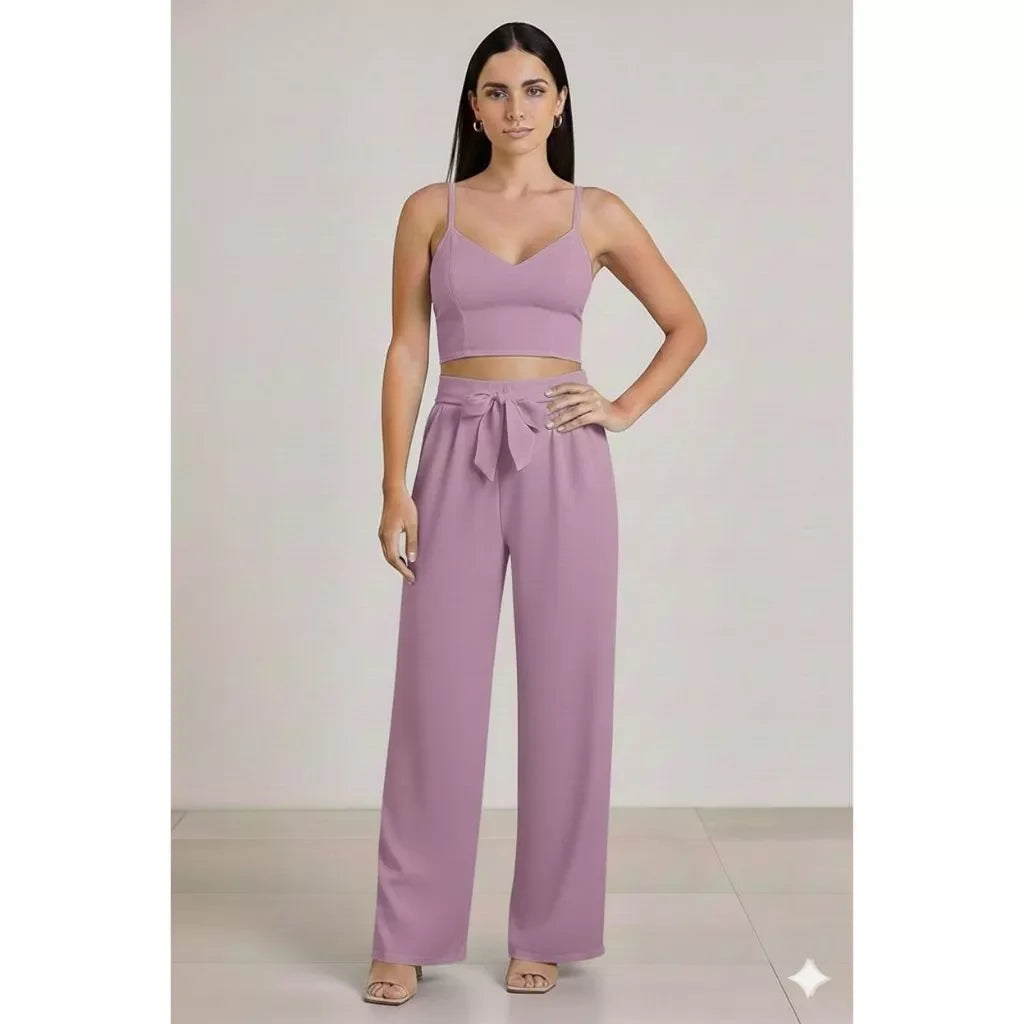 Conjunto Feminino Calça Pantalona e Cropped Com Bojo Alça Regulagem cropped e calça cores outono inverno