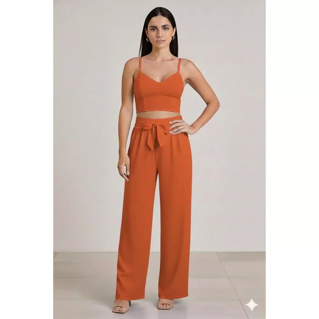 Conjunto Feminino Calça Pantalona e Cropped Com Bojo Alça Regulagem cropped e calça cores outono inverno