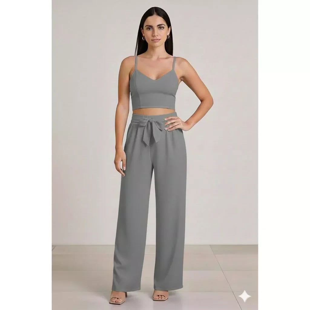 Conjunto Feminino Calça Pantalona e Cropped Com Bojo Alça Regulagem cropped e calça cores outono inverno