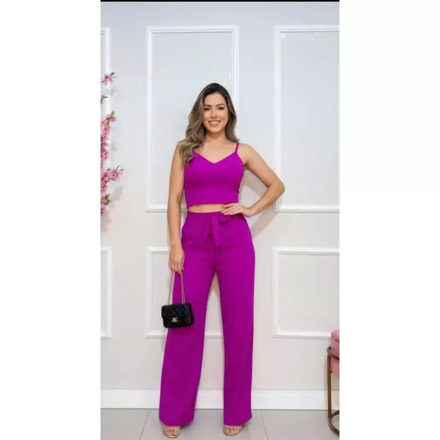 Conjunto Feminino Calça Pantalona e Cropped Com Bojo Alça Regulagem cropped e calça cores outono inverno
