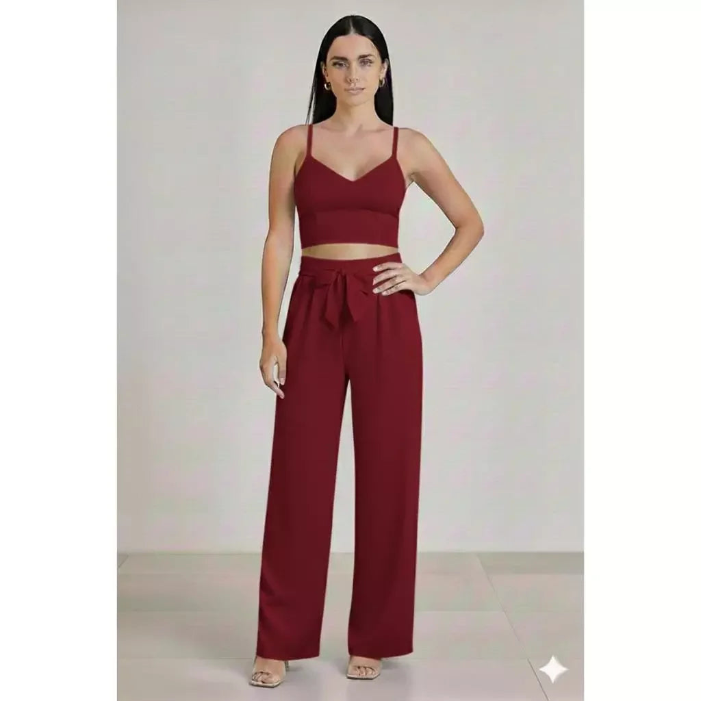 Conjunto Feminino Calça Pantalona e Cropped Com Bojo Alça Regulagem cropped e calça cores outono inverno