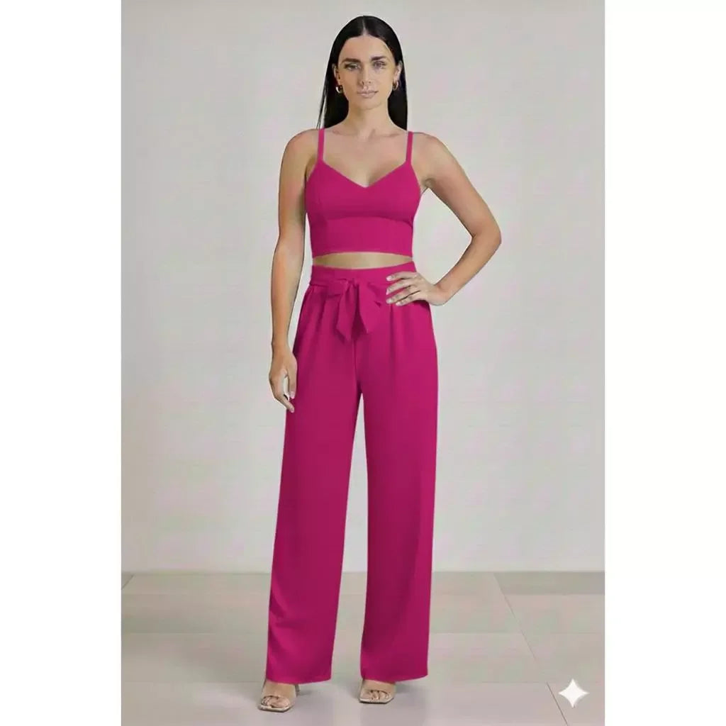 Conjunto Feminino Calça Pantalona e Cropped Com Bojo Alça Regulagem cropped e calça cores outono inverno