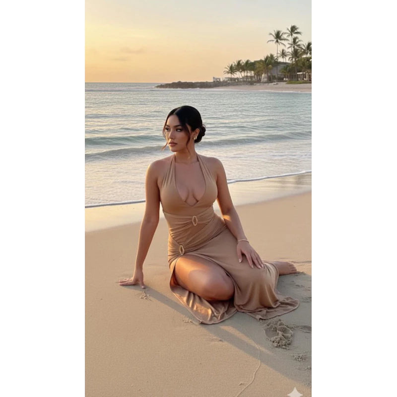 Conjunto  de 2 Peças , Bory Maiô ,Peças com detalhe de fivela Saia Longa com Fenda Alta,Conjunto de 2 Peças para e Verão