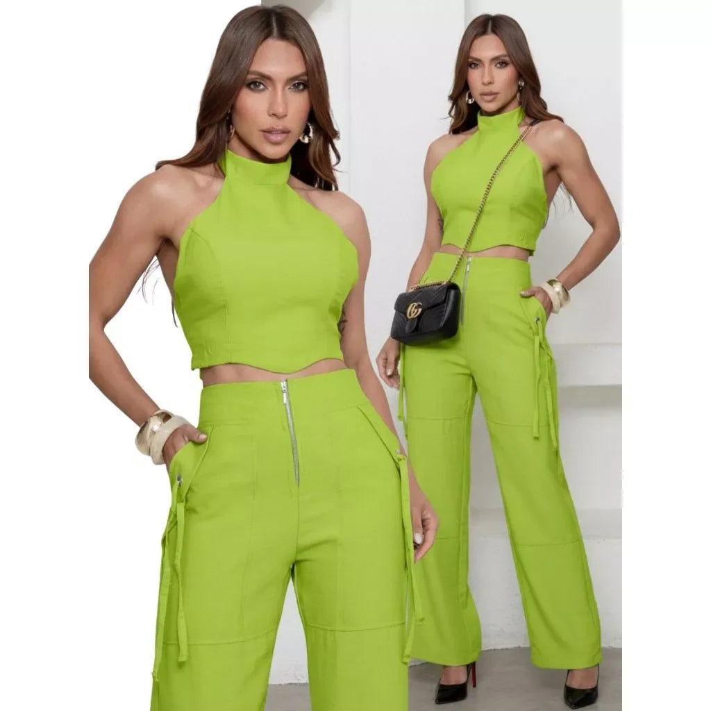 Conjunto Alfaiataria Feminino Cropped Calça Pantalona Longo Bojo