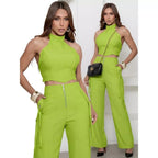 Conjunto Alfaiataria Feminino Cropped Calça Pantalona Longo Bojo