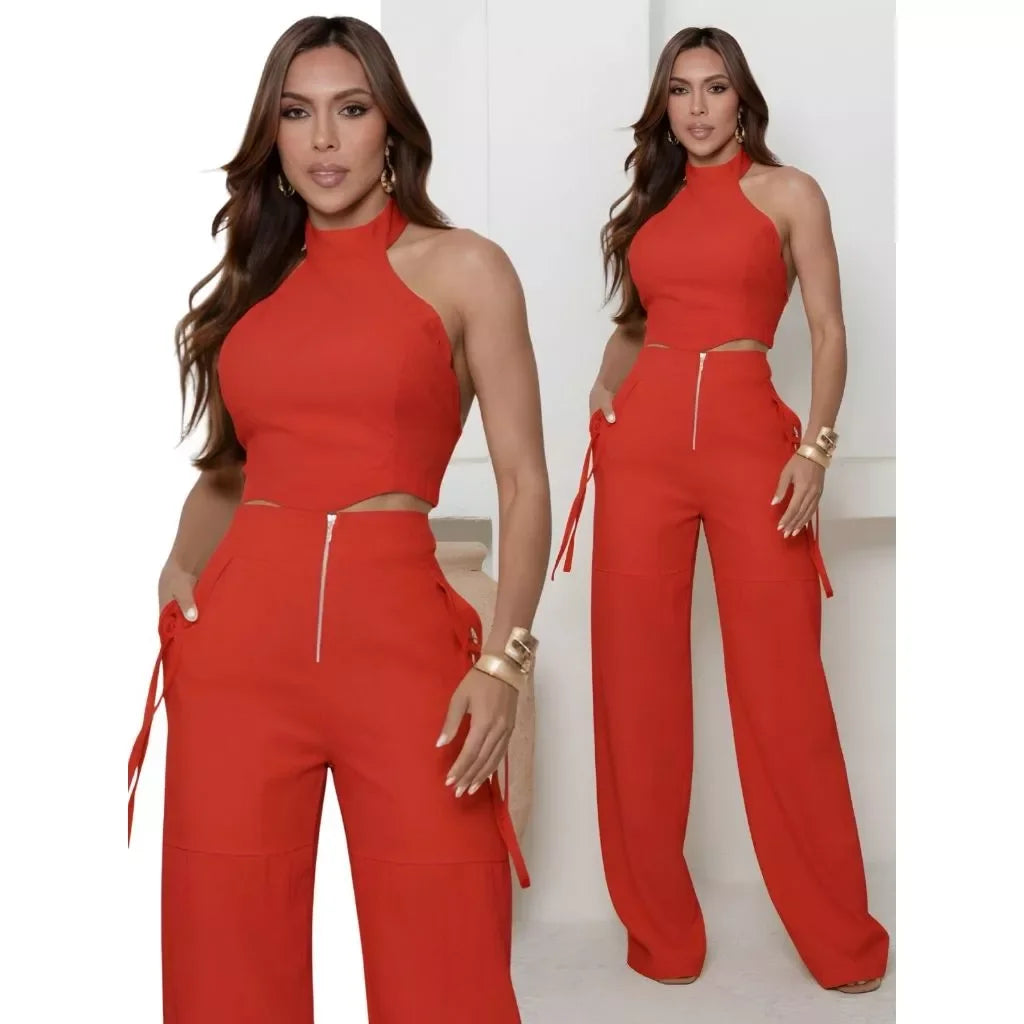 Conjunto Alfaiataria Feminino Cropped Calça Pantalona Longo Bojo