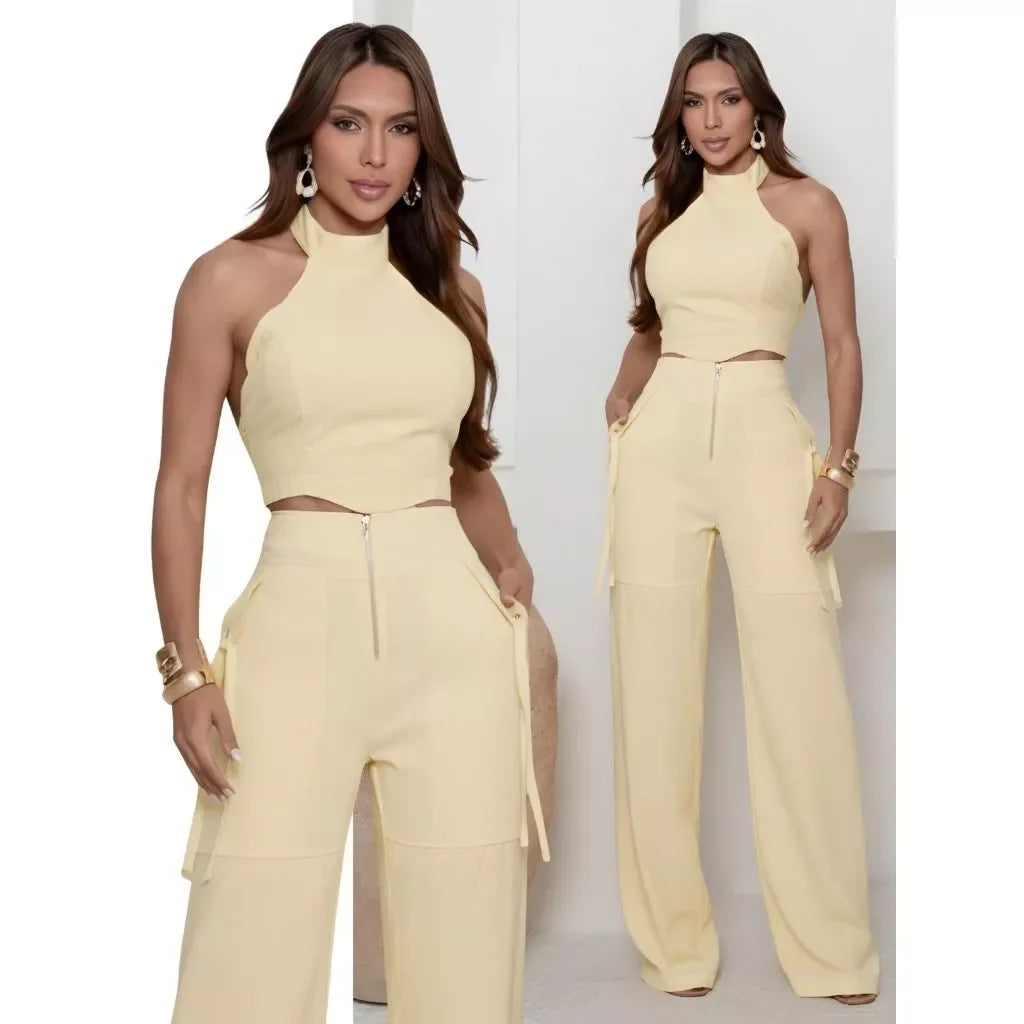 Conjunto Alfaiataria Feminino Cropped Calça Pantalona Longo Bojo