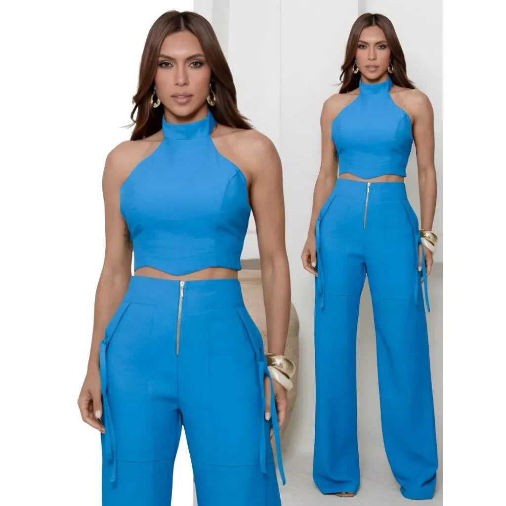 Conjunto Alfaiataria Feminino Cropped Calça Pantalona Longo Bojo