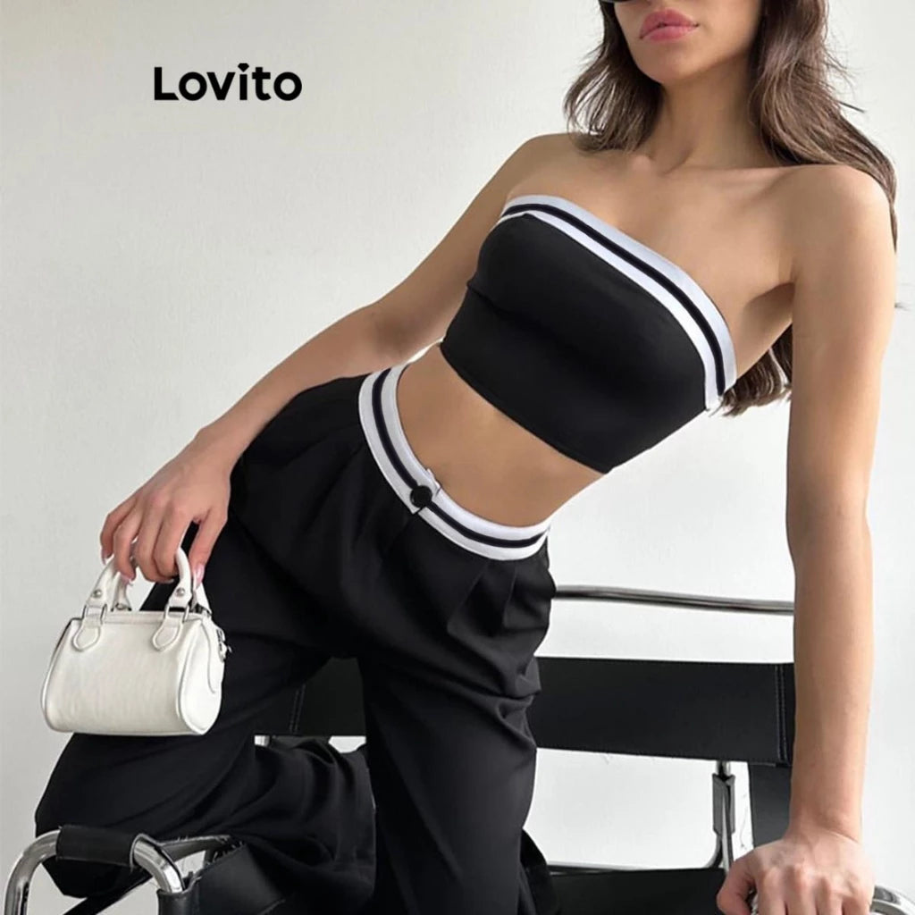 Lovito Conjunto Feminino Casual Top e Calça com Elástico Contrastante LNL42158