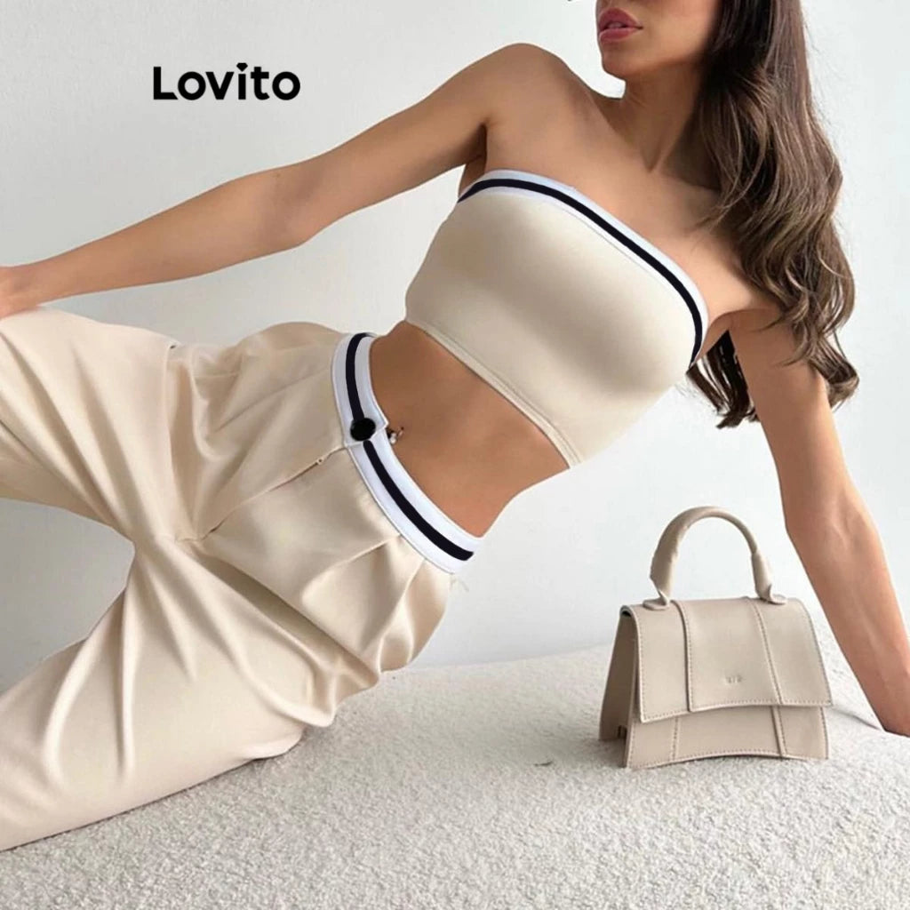 Lovito Conjunto Feminino Casual Top e Calça com Elástico Contrastante LNL42158