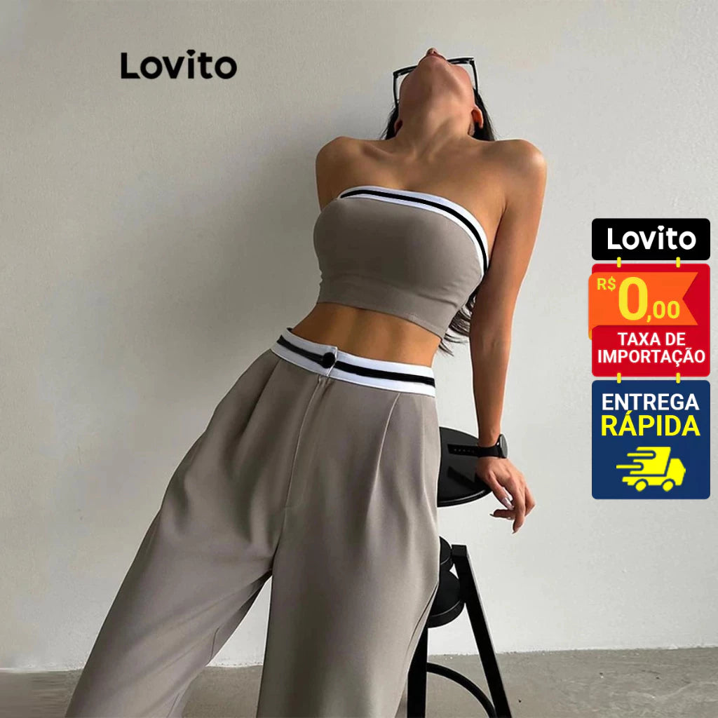 Lovito Conjunto Feminino Casual Top e Calça com Elástico Contrastante LNL42158