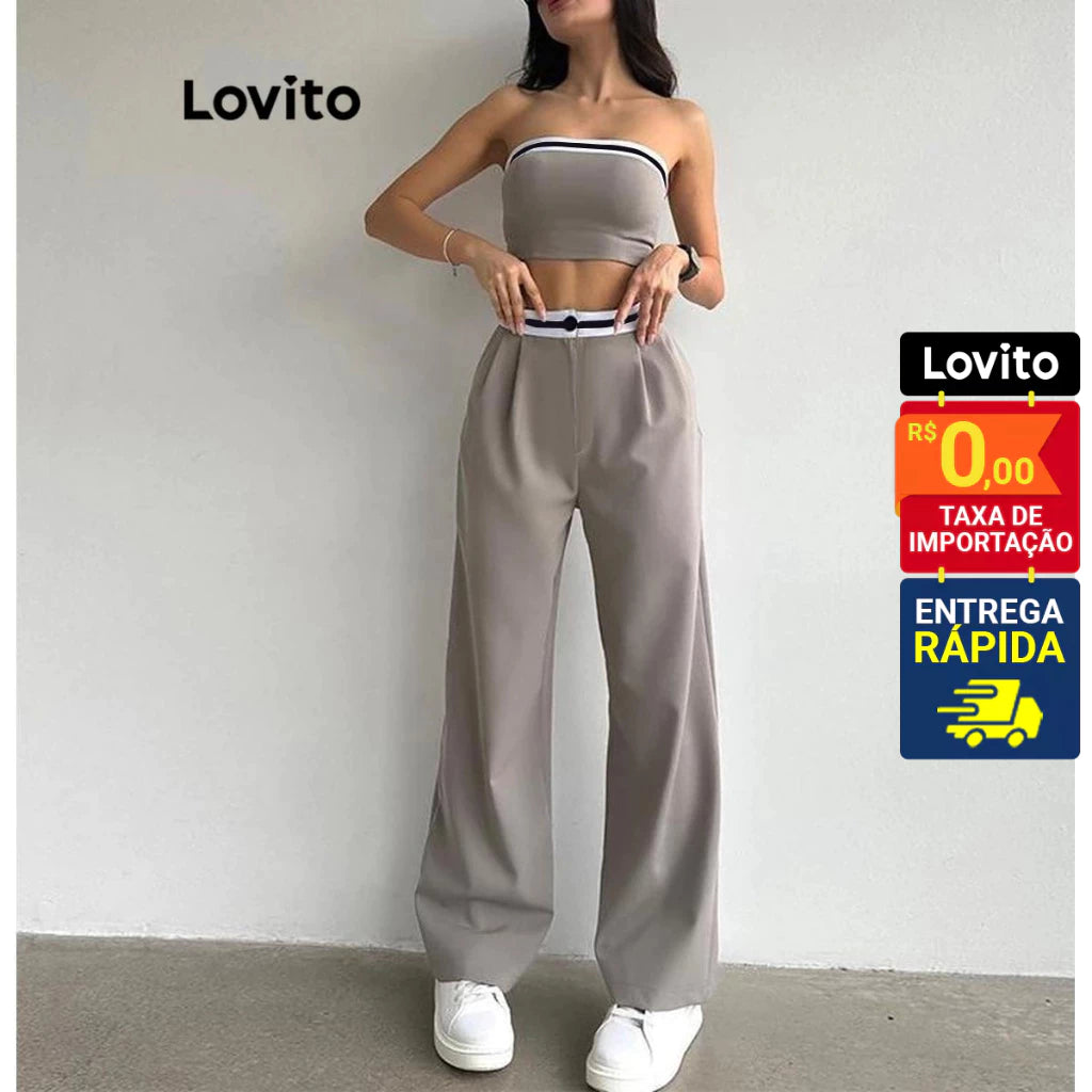 Lovito Conjunto Feminino Casual Top e Calça com Elástico Contrastante LNL42158