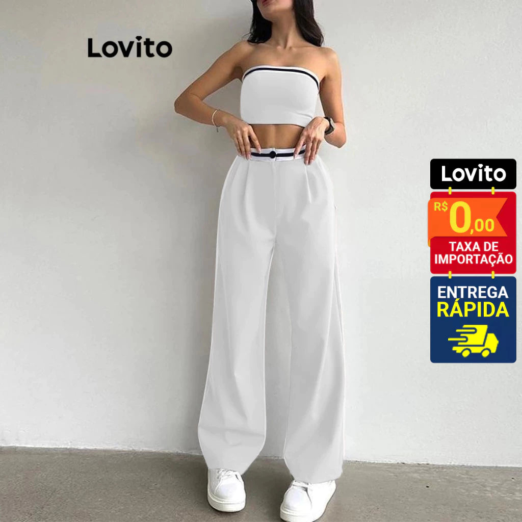Lovito Conjunto Feminino Casual Top e Calça com Elástico Contrastante LNL42158