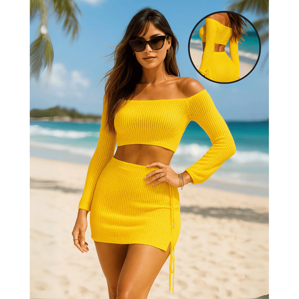 Saida De Praia Croche Tricot Conjunto Saia Curta E Top Verao Leve Moda Praia