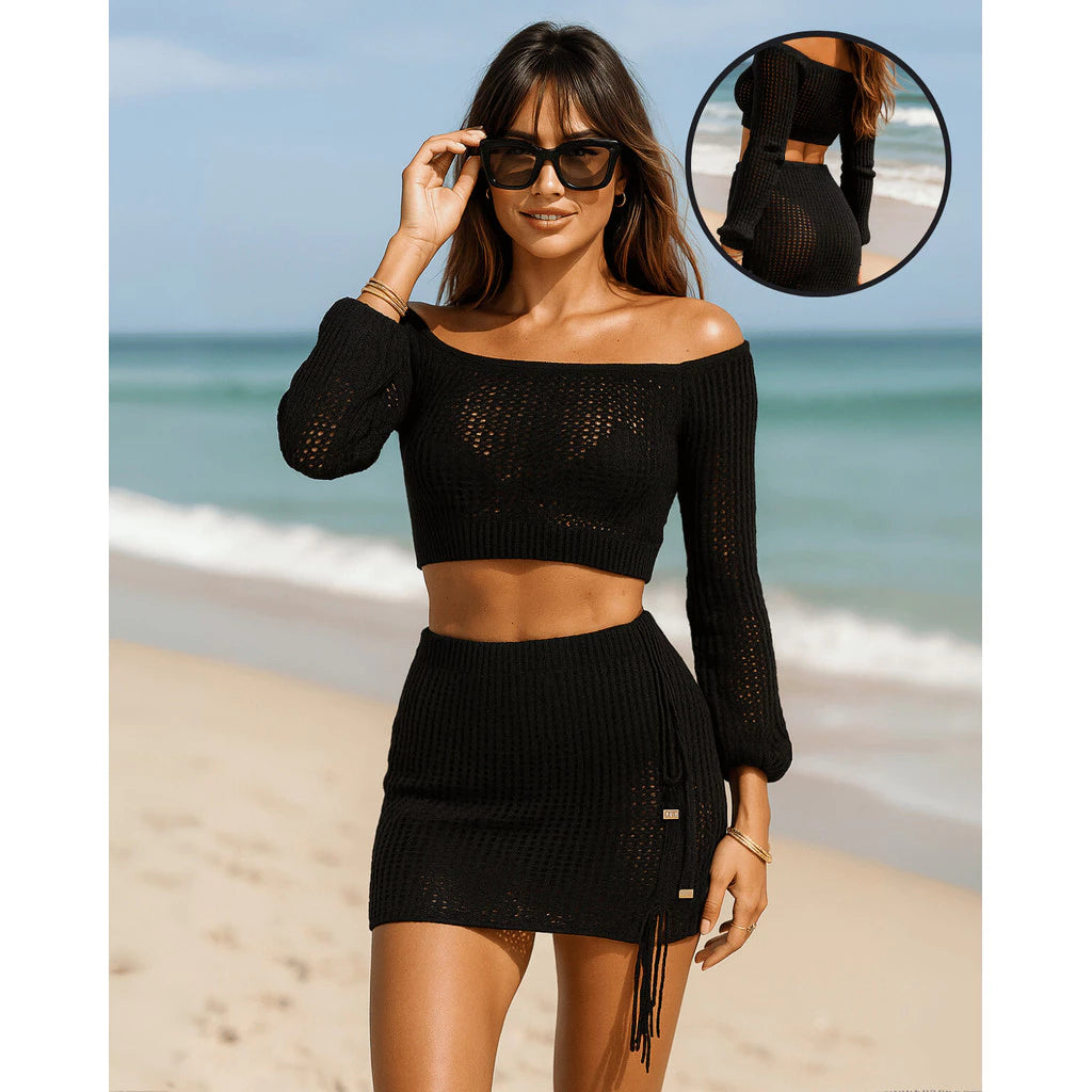Saida De Praia Croche Tricot Conjunto Saia Curta E Top Verao Leve Moda Praia