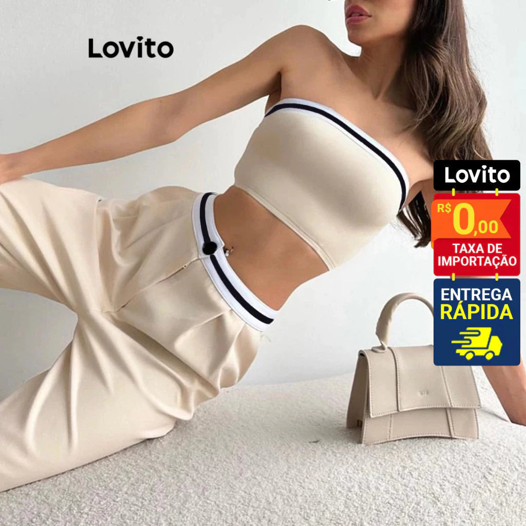 Lovito Conjunto Feminino Casual Top e Calça com Elástico Contrastante LNL42158
